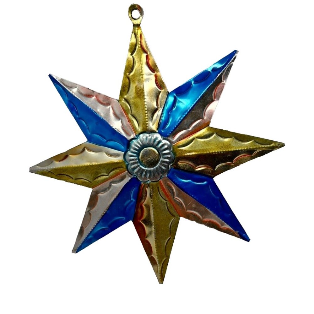 Vintage Pressed Punched Tin 8 Point Star Christmas Ornament Mexico Folk Art 8"